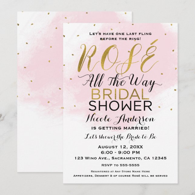 Rosé All the Way BRIDAL SHOWER Wine Pink & Gold Invitation (Front/Back)