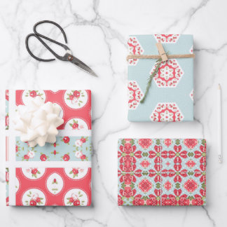 Rose and aqua patchwork design gift wrap set