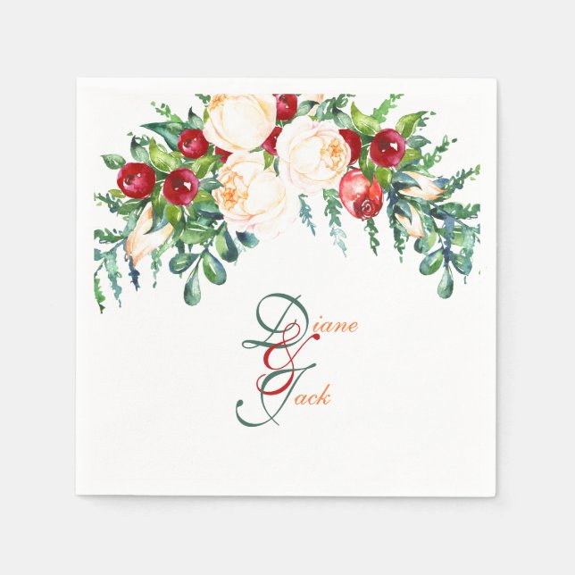 Rose and Berry Watercolor Stems Napkins (Front)