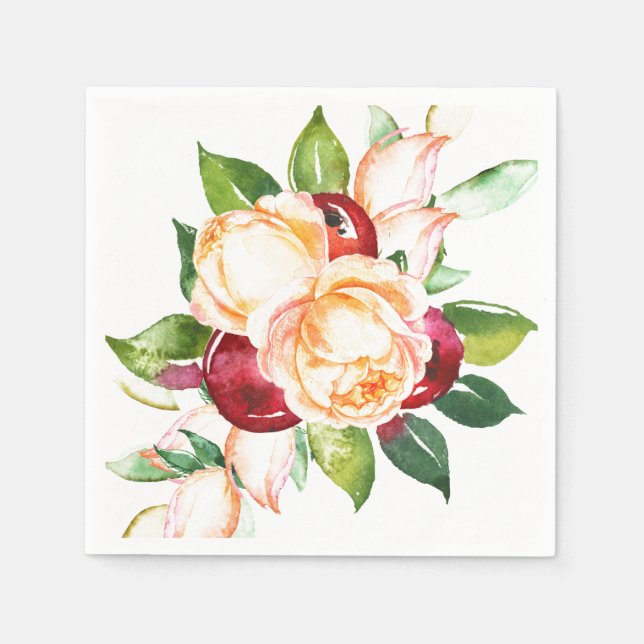 Rose and Berry Watercolor Stems Napkins (Front)