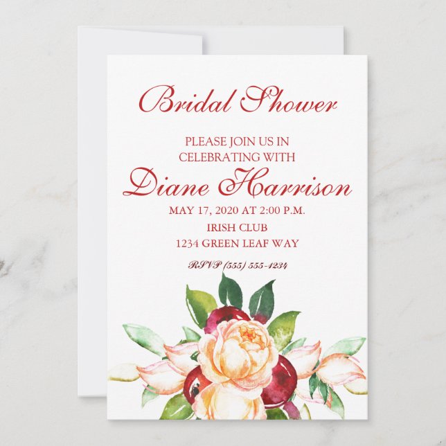 Rose and Berry Watercolor Stems Wedding Shower Invitation (Front)
