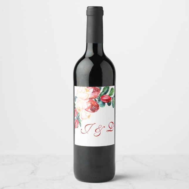 Rose and Berry Watercolor Stems Wedding Wine Label (Front)