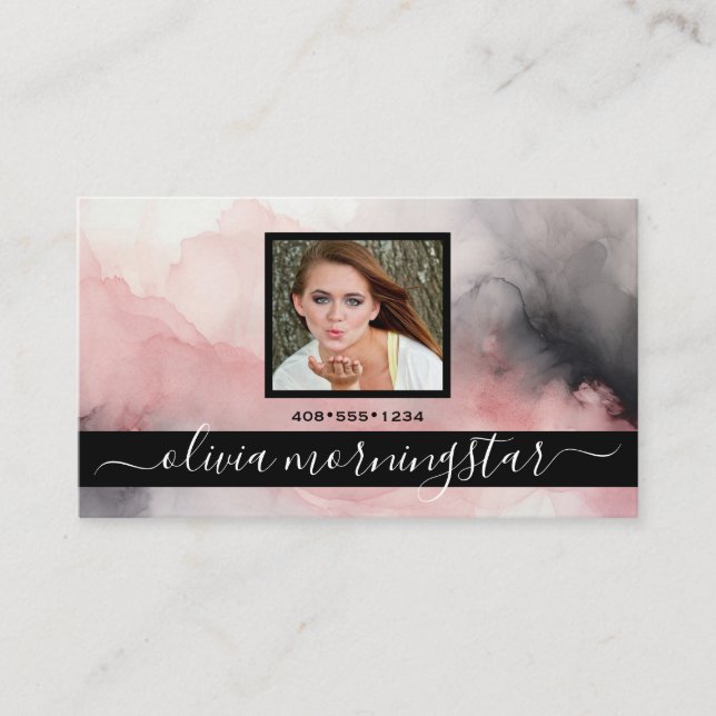 Rose and Black Fluid Ink QR and Photo  Business Card (Front)