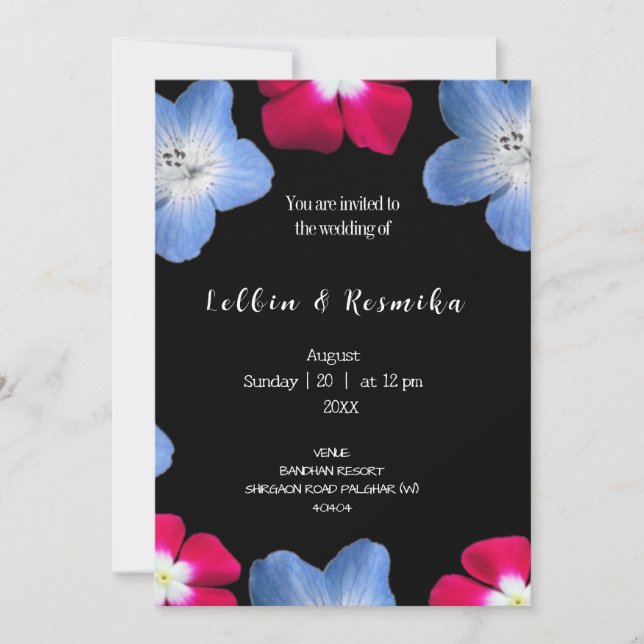 Rose and blue flower on black invitation (Front)