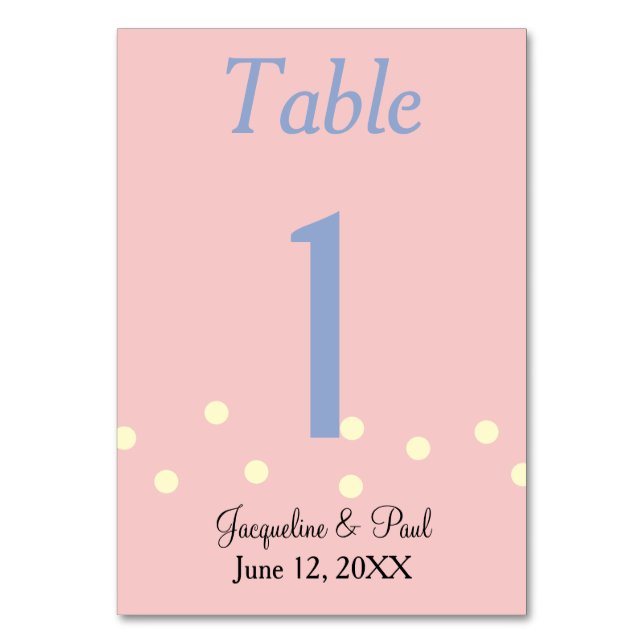 Rose and Blue Polka Dots Wedding Table No. Card (Front)