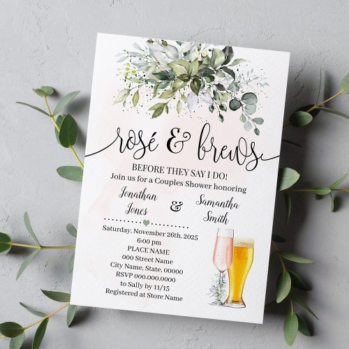 Rose and Brews Couples Shower Eucalyptus Greenery Invitation