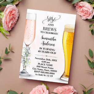 Rose and Brews Greenery Adults Birthday Invitation