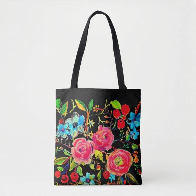 Rose and Cherry Blossom Black Tote Bag (Front)