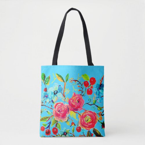 Rose and Cherry Blossom Bright Blue Tote Bag