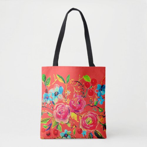 Rose and Cherry Blossom Vermillion Tote Bag