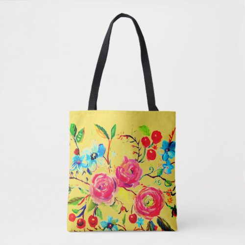 Rose and Cherry Blossom Yellow Tote Bag