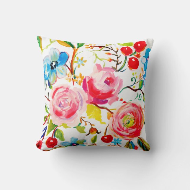 Rose and Cherry White Throw Pillow (Front)