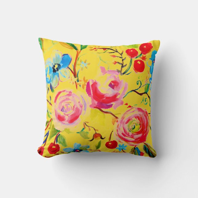Rose and Cherry Yellow Customizable Throw Pillow (Front)