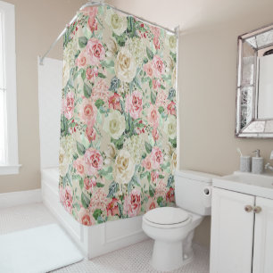 Rose and Cream Floral Watercolor Shower Curtain