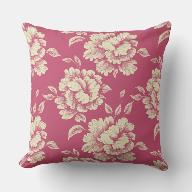 Rose and Cream Peony Toile - French Country Decor Throw Pillow (Front)