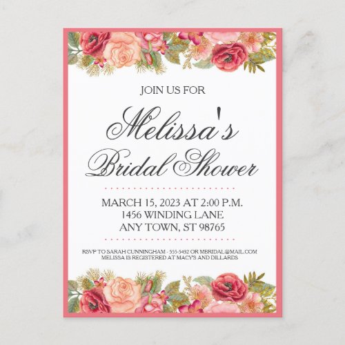 Rose and Gold Floral Bridal Shower Invitation Postcard