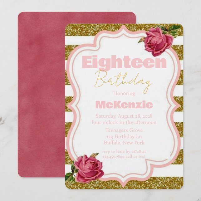 Rose and Gold Glitter Eighteenth Birthday Party Invitation (Front/Back)