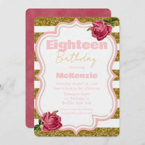 Rose and Gold Glitter Eighteenth Birthday Party Invitation