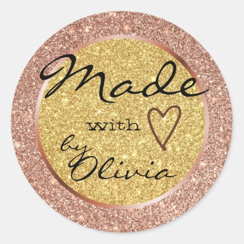 Rose and Gold Glitter Made with Love Heart Symbol Classic Round Sticker