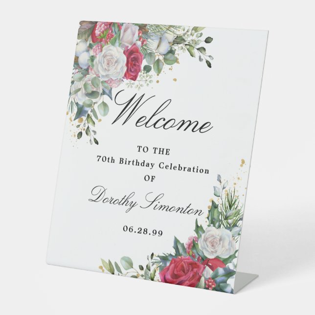 Rose and Holly Floral 70th Birthday Welcome Pedestal Sign (Front)