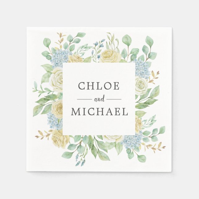 Rose and Hydrangea Floral Custom Wedding Napkins (Front)