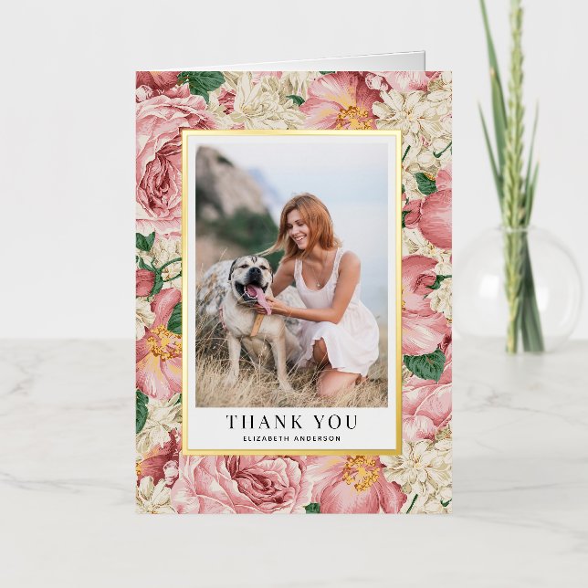 Rose and Hydrangea Graduation Photo Thank You Foil Greeting Card (Front)