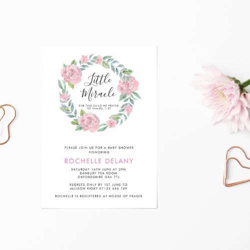 Rose and Leaves Wreath Little Miracle Baby Shower Invitation