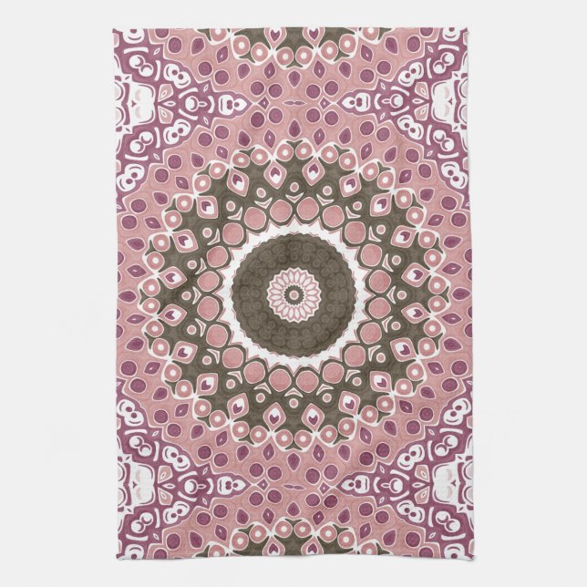 Rose and Mocha Mandala Pattern Floral Geometry Kitchen Towel (Vertical)