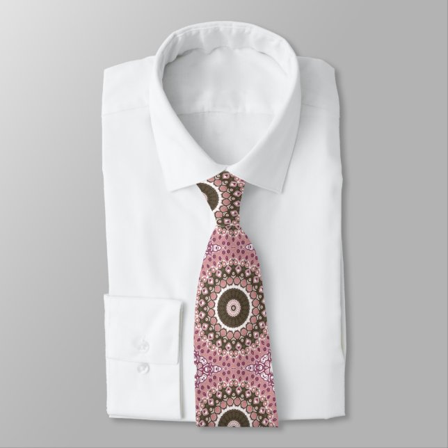 Rose and Mocha Mandala Pattern Floral Geometry Neck Tie (Tied)