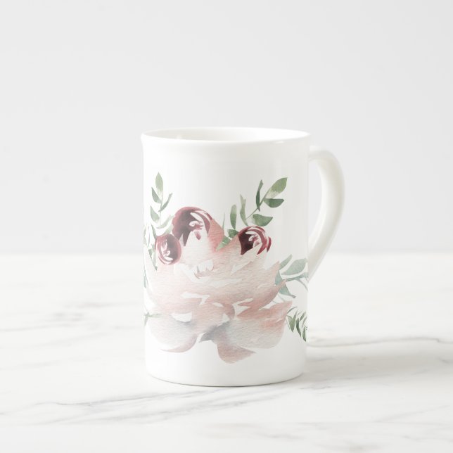 Rose and Peony Watercolor Bone China Mug (Front Right)