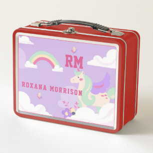 ROSE AND PINK AND WINGED UNICORN LUNCH RED METAL LUNCH BOX