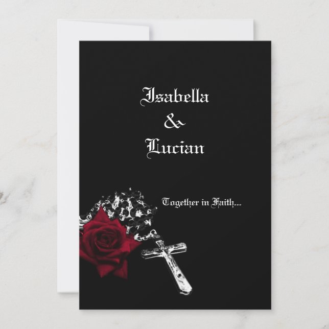Rose and Rosary Goth Wedding Invitation (Front)