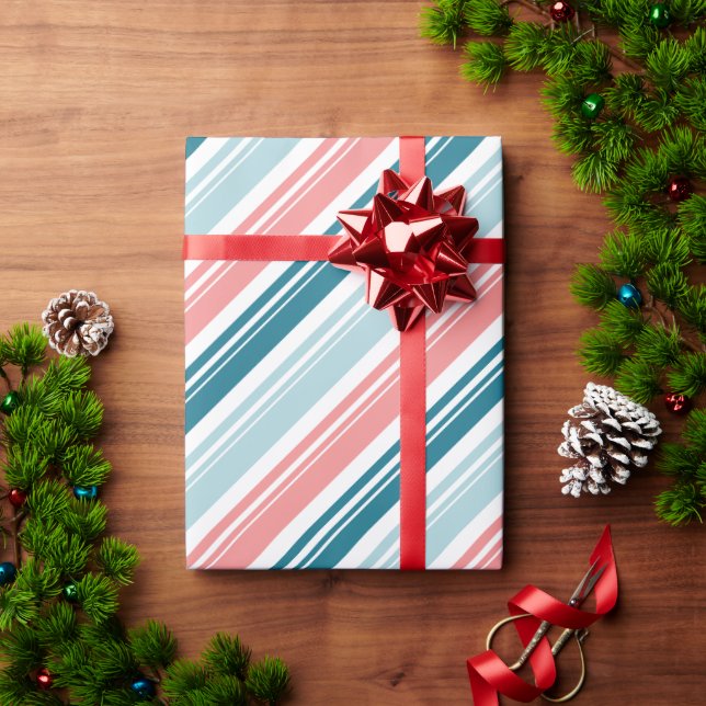 Rose And Teal Candy Cane Stripe Holiday Wrapping Paper (Holiday Gift)
