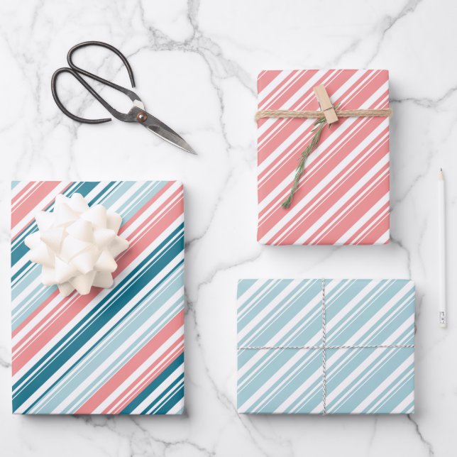 Rose And Teal Candy Cane Stripe Holiday Wrapping Paper Sheets (Front)