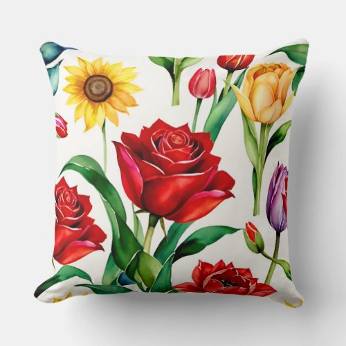 Rose and Tulip Watercolor Cushion Design