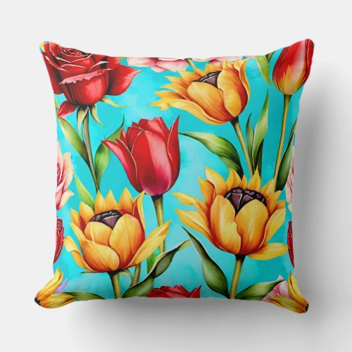 Rose and Tulip Watercolor Print Cushion