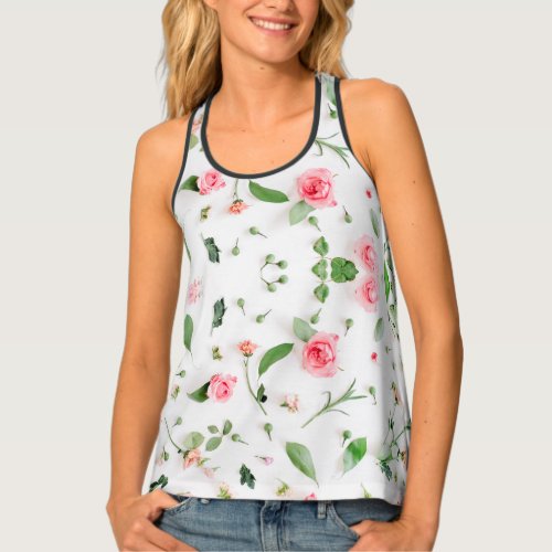 Rose and zinnia floral pattern on white background tank top