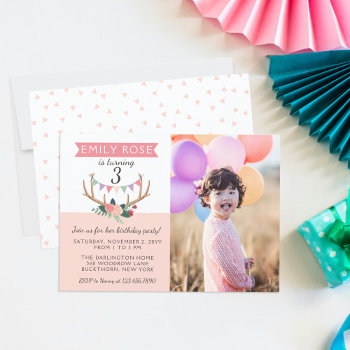 Rose Antlers & Party Bunting Birthday Invitation by CyanSkyCelebrations at Zazzle