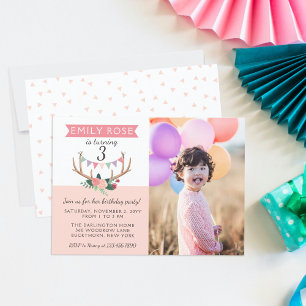 Rose Antlers & Party Bunting Birthday Invitation