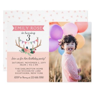 Rose Antlers & Party Bunting Birthday Invitation