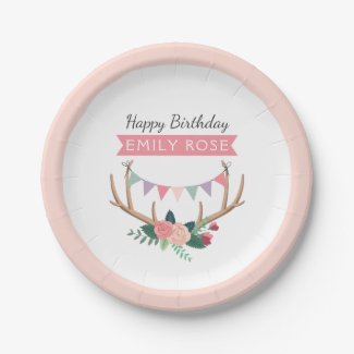 Rose Antlers & Party Bunting Girl's Birthday Paper Plate