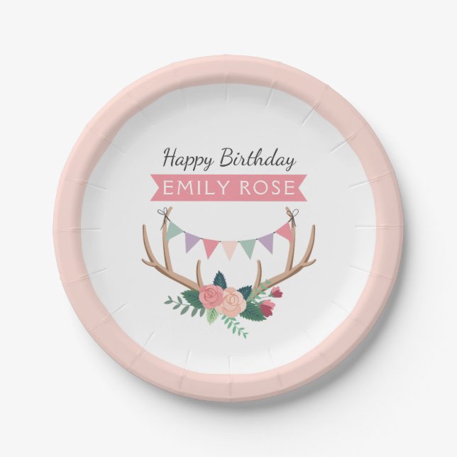 Rose Antlers & Party Bunting Girl's Birthday Paper Plates (Front)