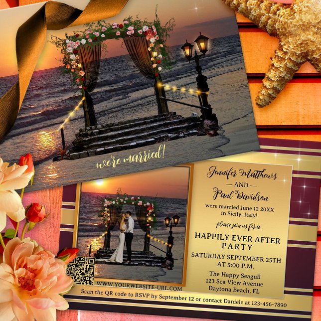 Rose Arbor Beach After Wedding Photo Invitation (Happily ever after wedding invite showing a sunset on the beach with a rose arbor and string lights)