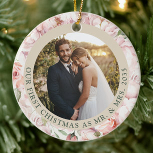 Rose Arbor   First Christmas as Mr & Mrs Floral Ceramic Ornament