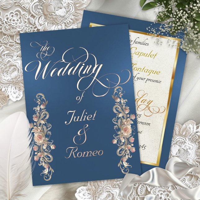 Rose Arc Borders & Calligraphy - Blue Foil Invitation (Creator Uploaded)