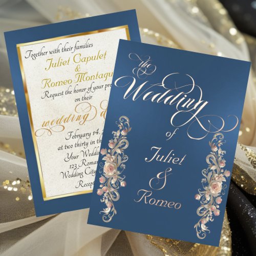 Rose Arc Borders &amp; Calligraphy - Blue Foil Invitation