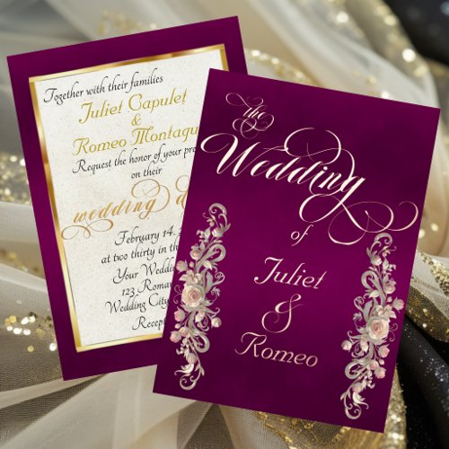 Rose Arc Borders &amp; Calligraphy - Plum Foil Invitation