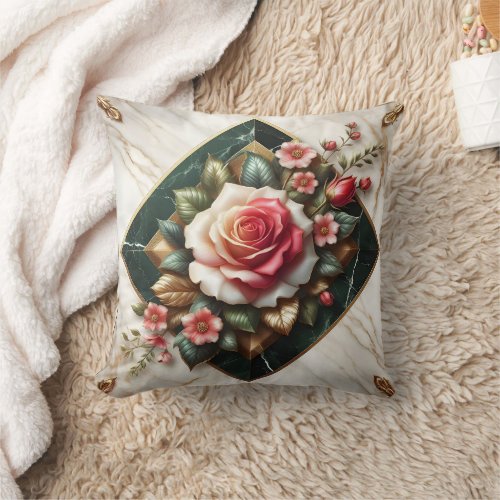 Rose Arrangement on Elegant Marble Throw Pillow