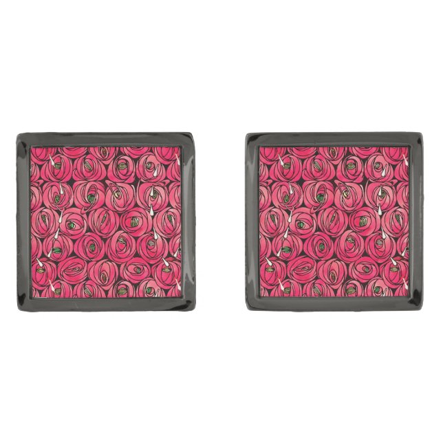 Rose Art Nouveau Rennie Macintosh Graphic Gunmetal Finish Cufflinks (Front)