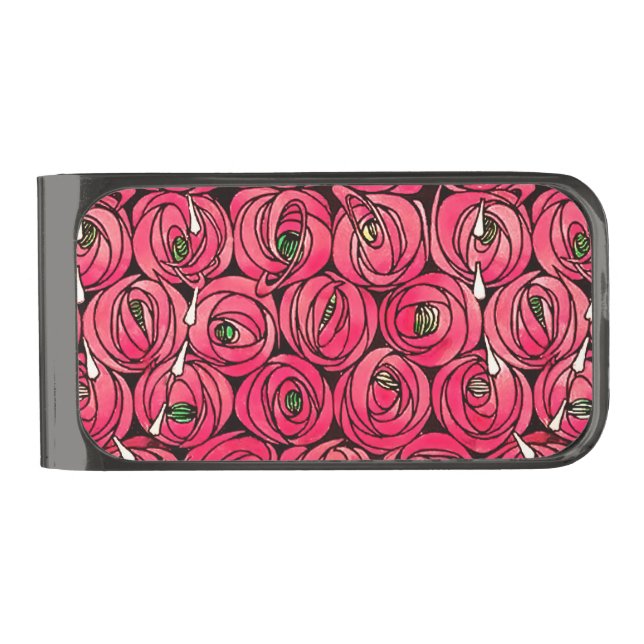 Rose Art Nouveau Rennie Macintosh Graphic Gunmetal Finish Money Clip (Front)